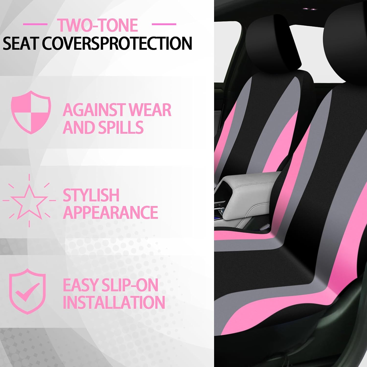 47 Pcs Car Seat Cover Full Set Car Accessories for Front Rear Seat Fluffy Steering Wheel Cover Belt Automotive Floor Mats Air Conditioner Decoration Strip(Black and Pink)