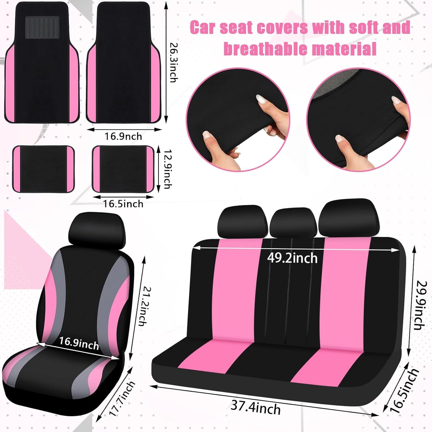 47 Pcs Car Seat Cover Full Set Car Accessories for Front Rear Seat Fluffy Steering Wheel Cover Belt Automotive Floor Mats Air Conditioner Decoration Strip(Black and Pink)