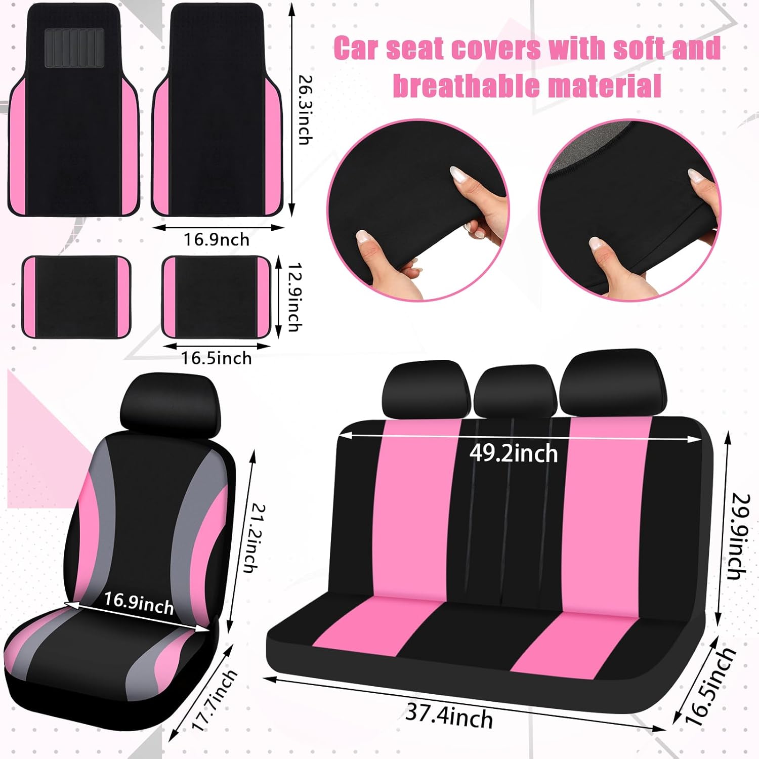 47 Pcs Car Seat Cover Full Set Car Accessories for Front Rear Seat Fluffy Steering Wheel Cover Belt Automotive Floor Mats Air Conditioner Decoration Strip(Black and Pink)