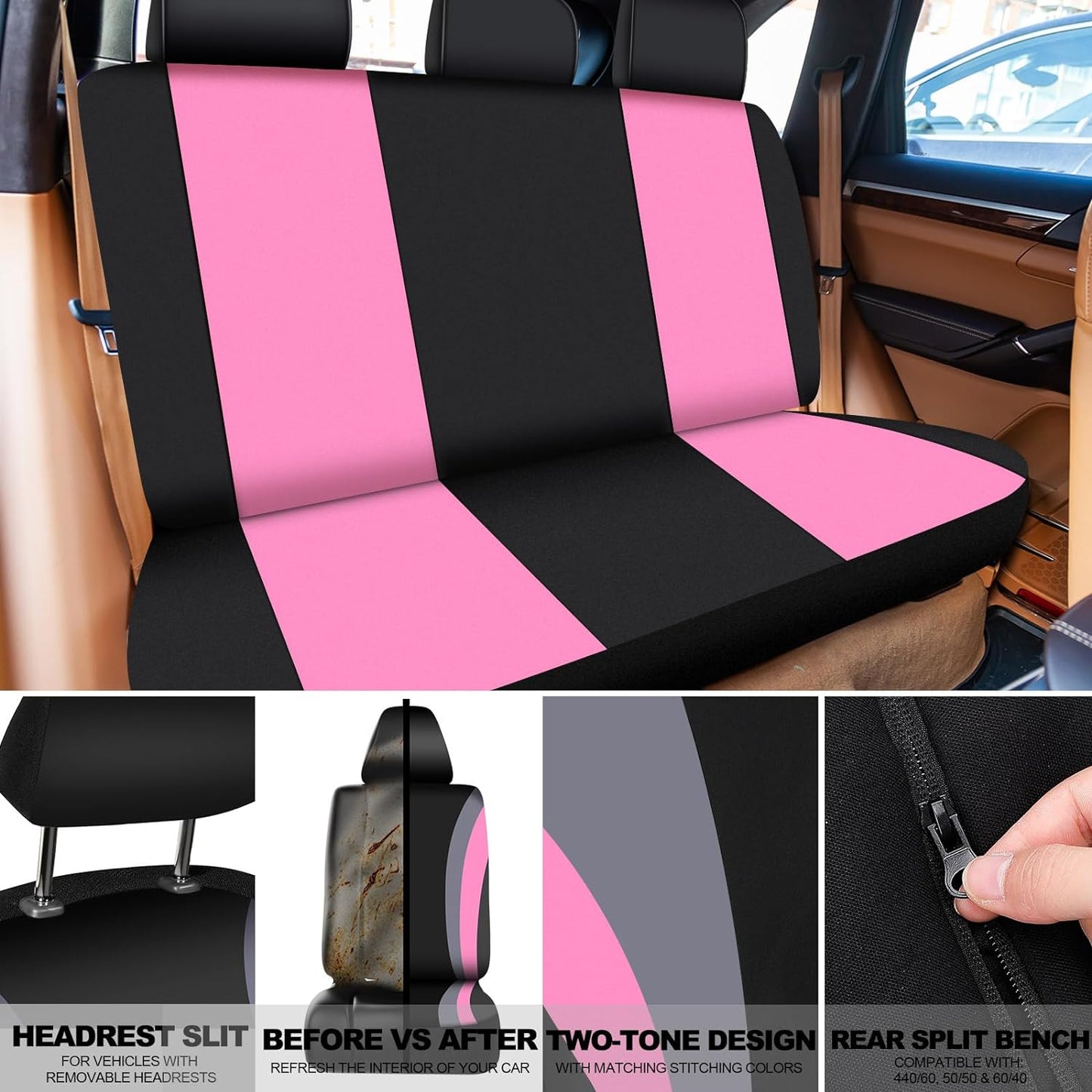 47 Pcs Car Seat Cover Full Set Car Accessories for Front Rear Seat Fluffy Steering Wheel Cover Belt Automotive Floor Mats Air Conditioner Decoration Strip(Black and Pink)