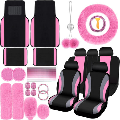 47 Pcs Car Seat Cover Full Set Car Accessories for Front Rear Seat Fluffy Steering Wheel Cover Belt Automotive Floor Mats Air Conditioner Decoration Strip(Black and Pink)