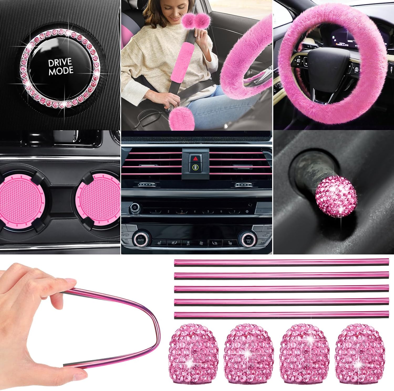47 Pcs Car Seat Cover Full Set Car Accessories for Front Rear Seat Fluffy Steering Wheel Cover Belt Automotive Floor Mats Air Conditioner Decoration Strip(Black and Pink)